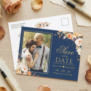 Cartão Postal Marinho Floral Dourado de outono - Foto Azul Salva