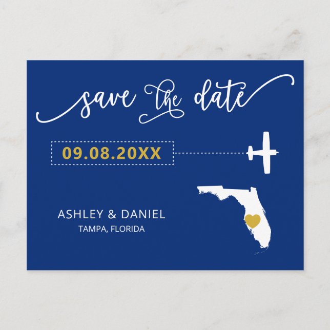 Cartão Postal Marinho Florida Wedding Save the Date Map Postcard (Frente)