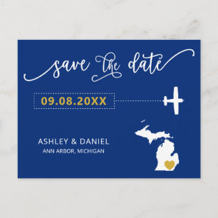 Cartão Postal Marinho Michigan Wedding Save the Date Map Postcar