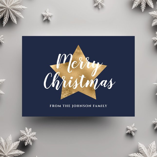 Cartão Postal Marinho moderno Azul Dourado Estrela Feliz Natal (Modern Navy Blue Gold Star Merry Christmas Postcard)