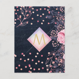 Cartão Postal Marinho Rosegold Monograma Oferece Girly Floral Pi