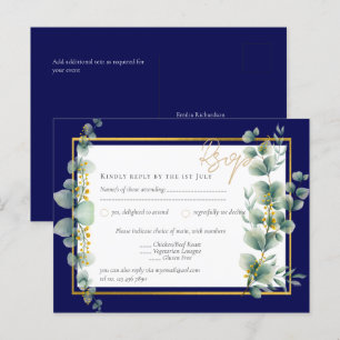 Cartão Postal Marinho RSVP Casamento Verde DOURADO AZUL Eucalypt