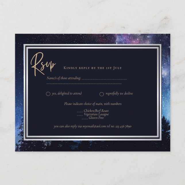 Cartão Postal Marinho RSVP de Casamento Starry Night Galaxy Dour (Frente)