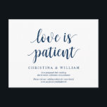 Cartão Postal Marinho Russo Azul, o amor é paciente, casado adia<br><div class="desc">Este é o moderno design simples e simples temido,  em Marinho Azul,  convite para Festa de casamento Reprogramado (adiado/adiado) cartão postal (o amor é paciente). É a maneira perfeita e elegante de fazer o anúncio de reagendamento para seus amigos e família.</div>