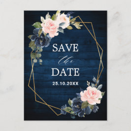 Cartão Postal Marinho Rustic Wood Blush Geométrico Salvar a Data