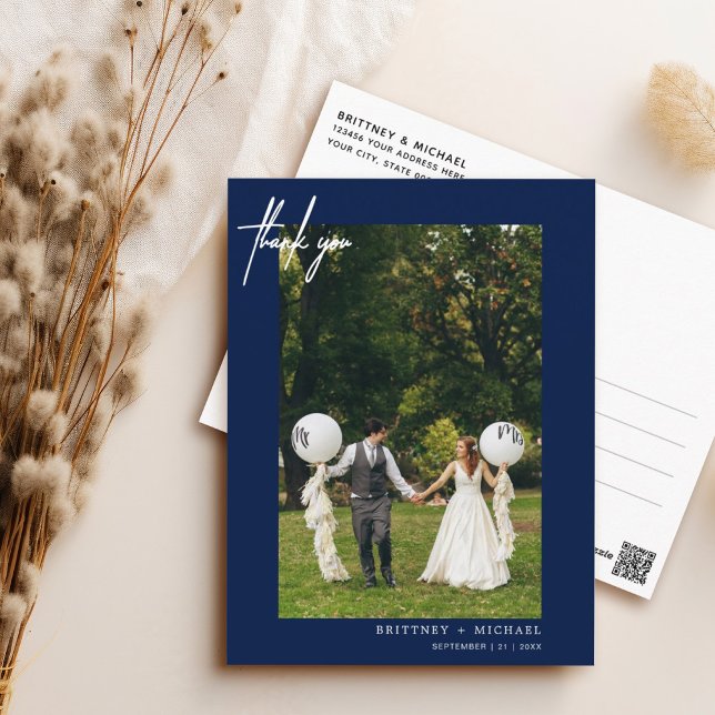 Cartão Postal Marinho simples Blue Photo Modern (Foto Azul Moder (Elegant hand lettered thank you wedding postcard with a minimalistic design perfect for any couple.)