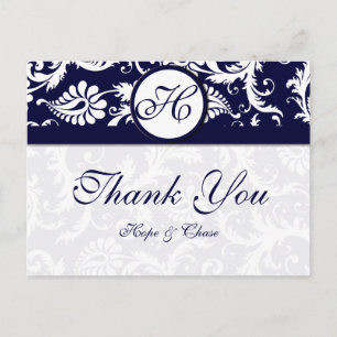 Cartão Postal Marinho Trim Damask Swirings Obrigado Placas