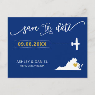 Cartão Postal Marinho Virgnia Weding Save the Date Map Postcard