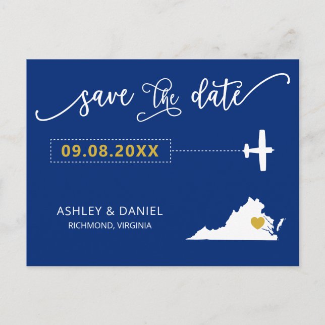 Cartão Postal Marinho Virgnia Weding Save the Date Map Postcard (Frente)