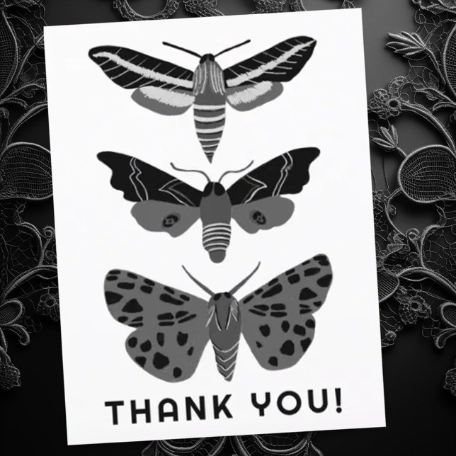 Cartão Postal Mariposas Mágicas Místicas Preto e Branco OBRIGADO (Gothic dark moths make a moody thank you card. customize with your own text)
