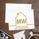 Cartão Postal Marketing da Empresa Imobiliária Dourada Chic Hous<br><div class="desc">Este cartão postal de marketing monograma do realtor de ouro chic é personalizado com o nome da sua empresa de realty sob as iniciais do agente de realty em uma simples tipografia. Esta design minimalista apresenta um contorno simples de uma casa. Cartões postais modernos para um agente que trabalha para...</div>