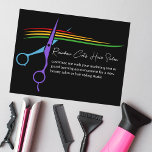Cartão Postal Marketing de Salão Chic Stylist de Cabelo Arco-íri<br><div class="desc">Um cartão postal de marketing de negócio chic black hair stylist com um burst de cor do logotipo da tesoura do arco-íris. Personalize o salão de beleza LGBTQ moderno e os cartões postais de negócios elegantes em legal roteiro branco para cabeleireiro ou colorista para um evento de grande abertura ou...</div>