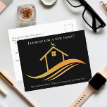 Cartão Postal Marketing Dourado da Empresa Imobiliária Personali<br><div class="desc">Este cartão postal do marketing da empresa imobiliária chic é feito com o nome da sua empresa e agente. Este anúncio clássico de preto e ouro apresenta uma bonito casa com uma faixa de tempo no topo e curvas elegantes por baixo. Personalize esses cartões postais de promoção comercial com suas...</div>