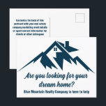 Cartão Postal Marketing Personalizado Da Empresa Imobiliária De<br><div class="desc">Cartões postais de uma empresa imobiliária legal montanhosa para uma empresa imobiliária localizada numa cidade montanhosa ou numa cidade. Sua mensagem é escrita em marinho azul sob a casa entre montanhas. Cartão postal do marketing do excelente para um montanhista doméstico.</div>