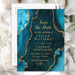 Cartão Postal Mármore Azul Teal e Dourado Save The Date