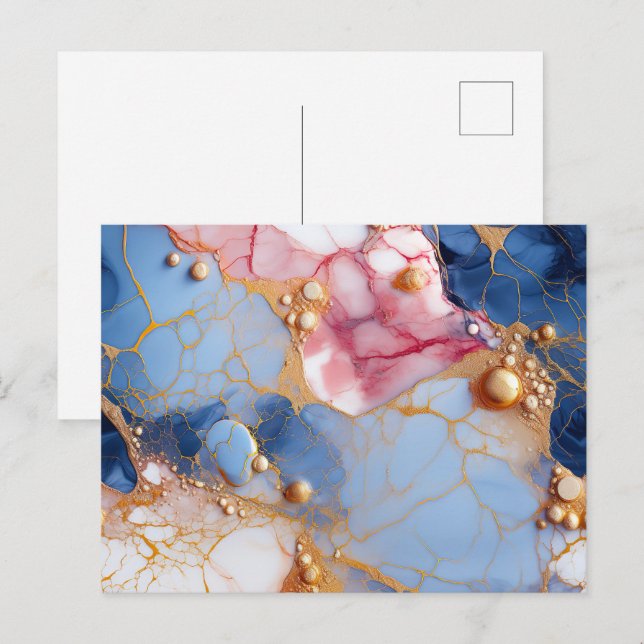 Cartão Postal Mármore Blush & Safira com Pérolas Douradas (Frente/Verso)
