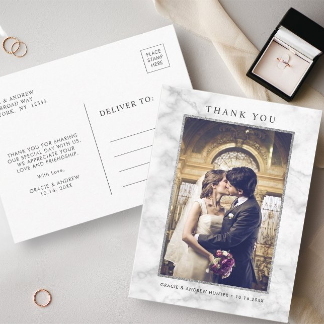 Cartão Postal Mármore Branco Moderno Brilho Prata Agradecimento (Front & Back)