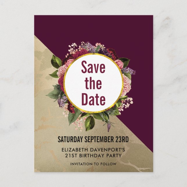 Cartão Postal Mármore Dourado e Floral Burgundy Save the Date (Frente)