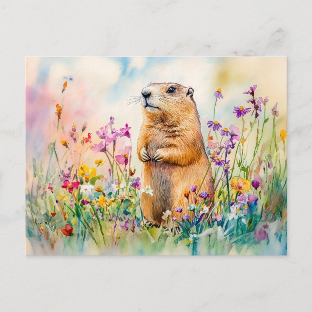 Cartão Postal Marmot na pintura de aquarela de campo de flores (Frente)