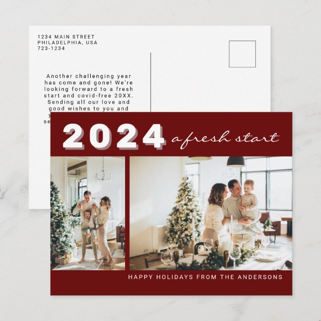 Cartão Postal Maroon Chic Year A New Start Two Photo Holiday (Frente/Verso)