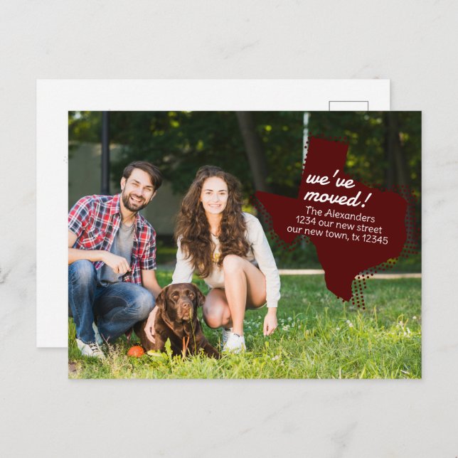 Cartão Postal Maroon Nós nos mudamos - Dotted Texas Moving (Frente/Verso)