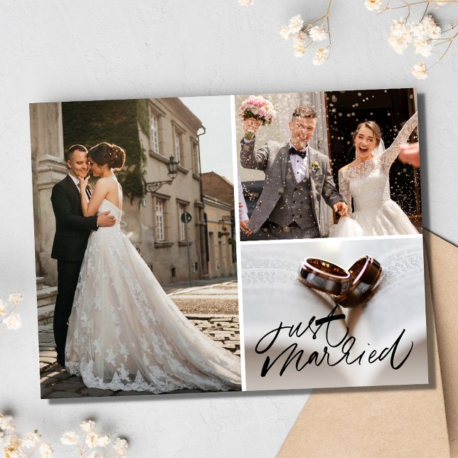 Cartão Postal Marred 3 Foto Collage Casamento Obrigado (Just Marred 3 Photo Collage Wedding Thank You Postcard)