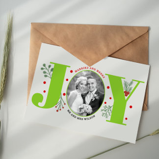 Cartão Postal Married and Merry lime green JOY Christmas photo