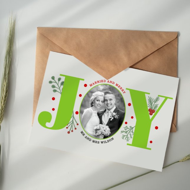 Cartão Postal Married and Merry lime green JOY Christmas photo (Criador carregado)