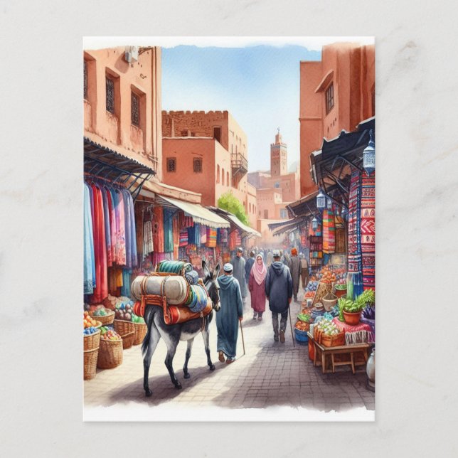 Cartão Postal Marrocos Street Watercolor (Frente)
