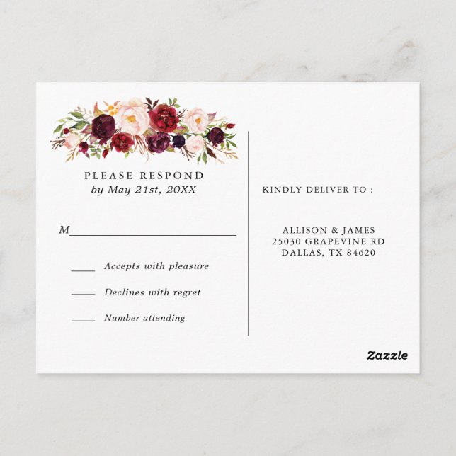 Cartão Postal Marsala Burgundy Flowers Casamento RSVP Postcard (Verso)