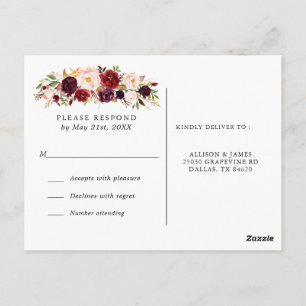 Cartão Postal Marsala Burgundy Flowers Casamento RSVP Postcard