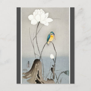 Cartão Postal Martim-pescador com flor de lótus Ohara Koson carv