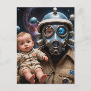 Cartão Postal Máscara de Gás Alien com Bebê no Espaço
