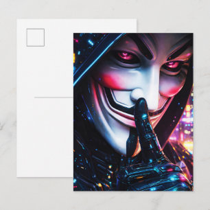 Cartão Postal Máscara de Hacker Cyberpunk Shush Neon Brilho