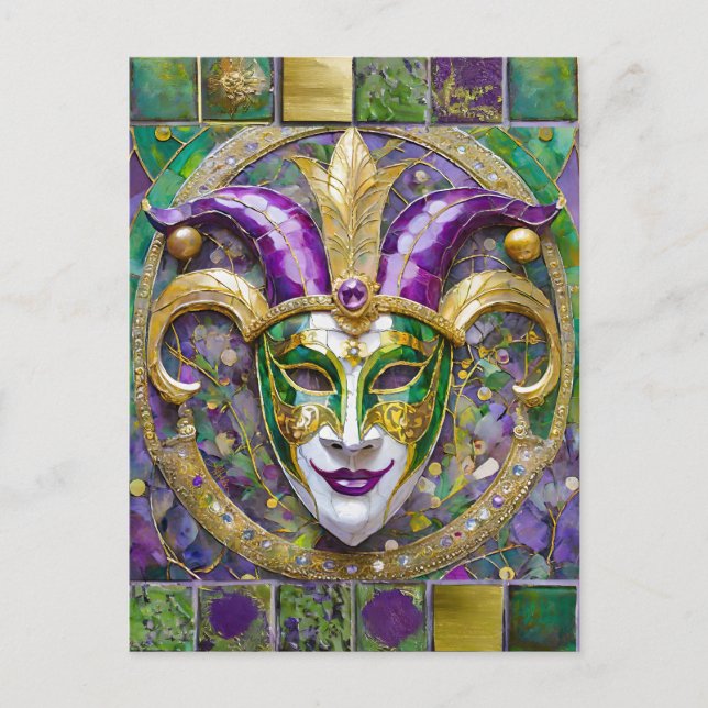 Cartão Postal Máscara de Jester Mardi Gras Roxo Verde Dourado (Frente)