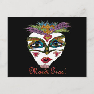 Cartão Postal Máscara de Pena Brilhante Colorida de Mardi Gras