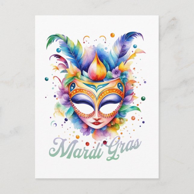 Cartão Postal Máscara de Watercolor Mardi Gras (Frente)