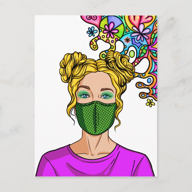 Cartão Postal Máscara Facial Pop Art 2021 Mulher Moça (Frente)