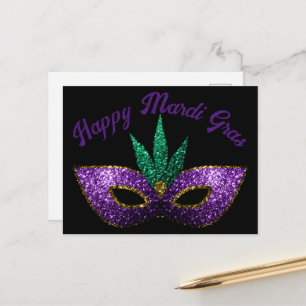 Cartão Postal Máscara Rojão Mardi Gras Verde Roxo Brilhos Feliz