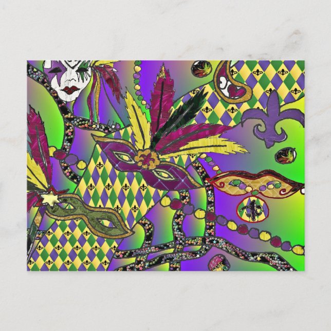 Cartão Postal Máscaras de penas do Mardi Gras Psychedelic (Frente)