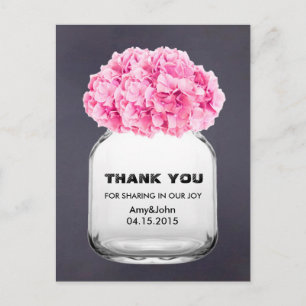 Cartão Postal Mason jar rosa hydrangea obrigado note hydrangea5