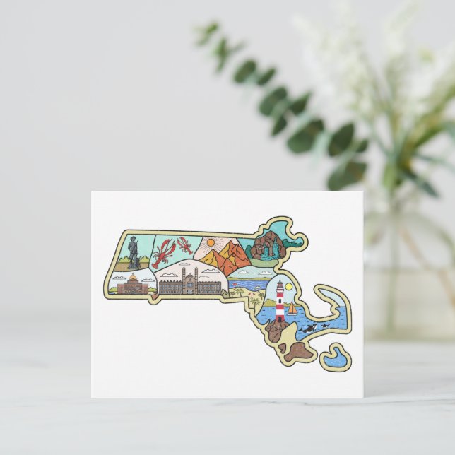 Cartão Postal Massachusetts Map Boston Cape Cod Salem Souvenir (Em pé/Frente)