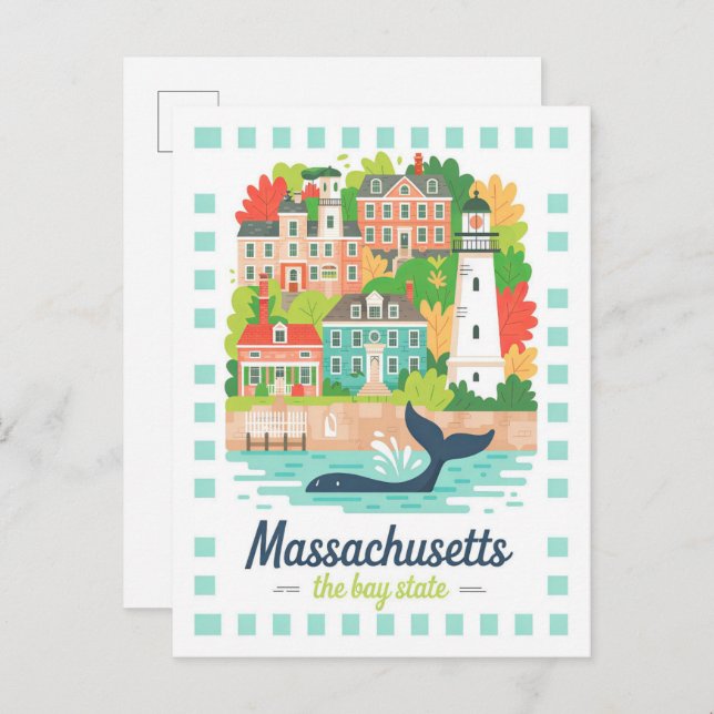Cartão Postal Massachusetts, o Viagem de Verão dos EUA (Frente/Verso)