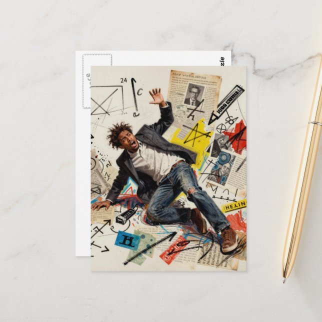 Cartão Postal Math is Hard Man Mixed Media Collage (Frente/Verso In Situ)