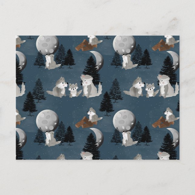 Cartão Postal Matilha de Lobo Fofo Noite Florestal Céu Lua (Frente)
