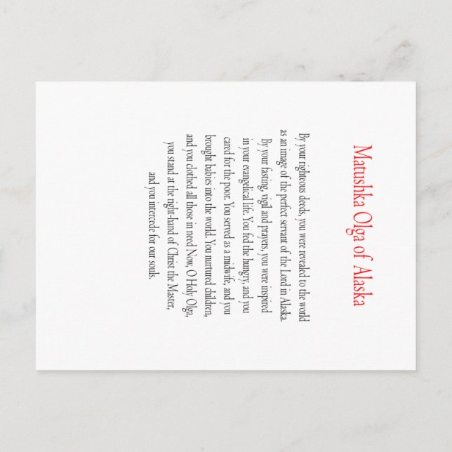 Cartão Postal Matushka Olga of Alaska Prayer Card (Verso)