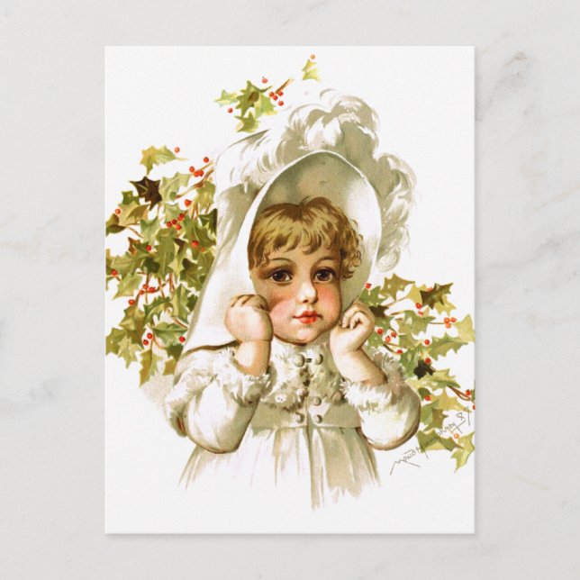 Cartão Postal Maud Humphrey: Autumn Girl com Holly (Frente)