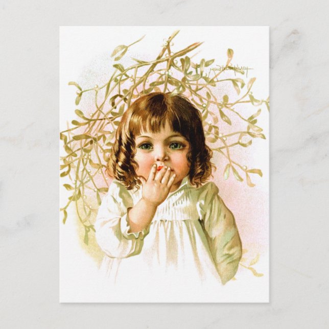 Cartão Postal Maud Humphrey: Winter Girl sob Mistletoe (Frente)