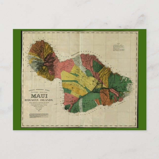 Cartão Postal Maui, 1885, Mapa Antigo do Havaí (Frente)