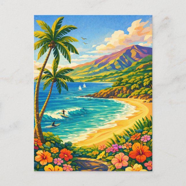 Cartão Postal Maui Hawaii Tropical Coastline Retro Travel (Frente)